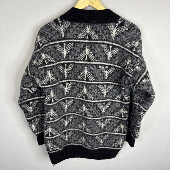 Minkha 100% Alpaca Hand-Knit Zip Cardigan Sweater Gray Black Pattern Women L/XL - Picture 4 of 6